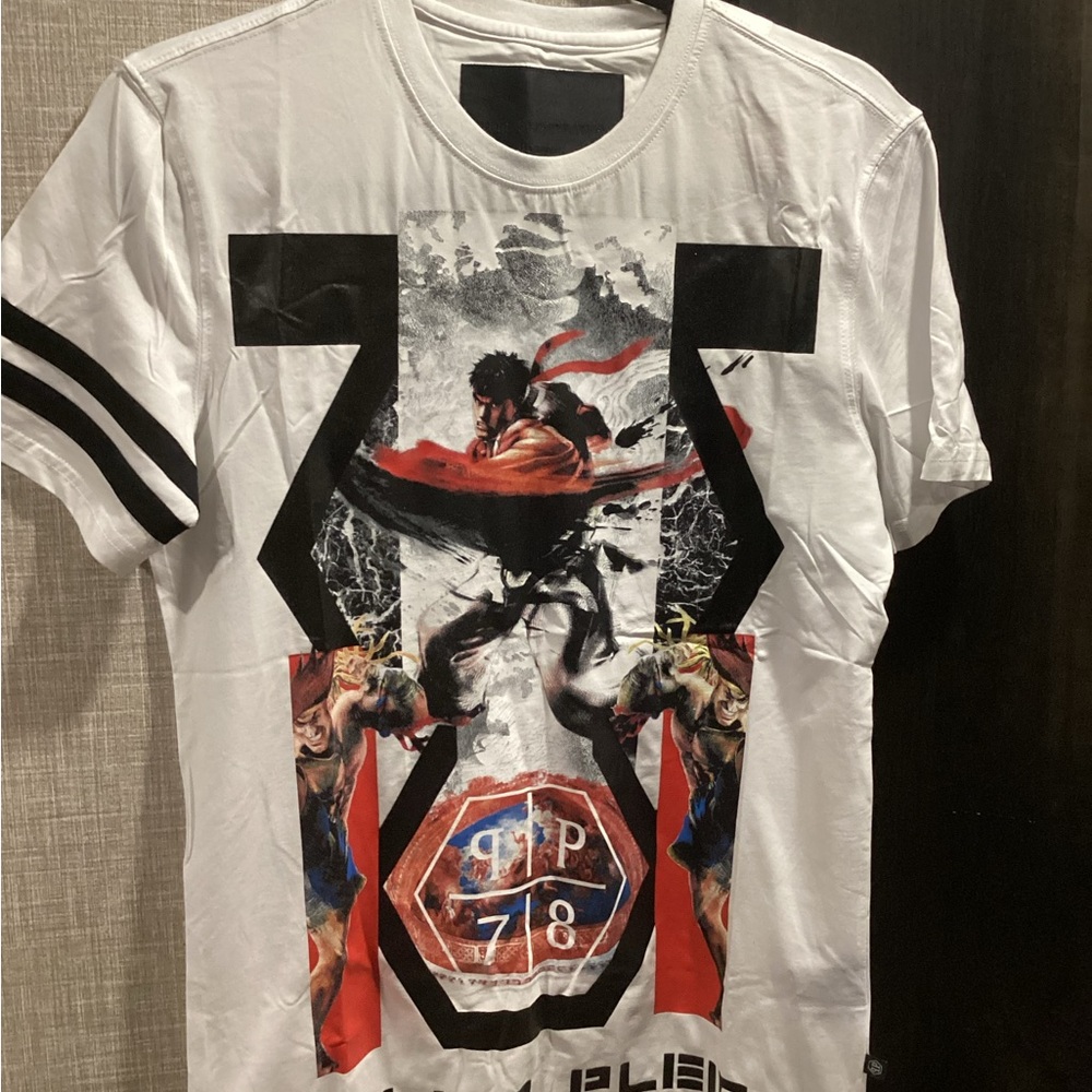Philipp Plein White Graphic Short Sleeve Tee with Red & Black Artwork